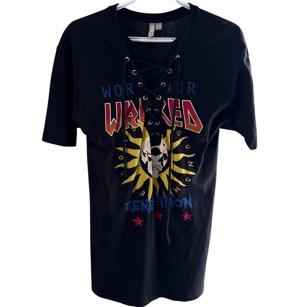 ASOS Womens Black Lace Up Graphic T-Shirt World Wrecked Sun Skull Size 4